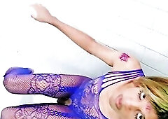 Hot Trans Cutie Preforms HAWT Yoga in Electric Blue Bodystocking Sissy TS Femboy Gymnastics