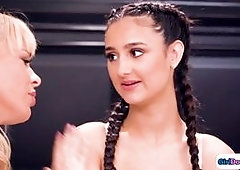 Cougar couple find their young roommate in lingerie on their bed.She cannot stop masturbating but cant cum.They can help her.The busty cougar facesits