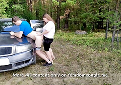 Public The Wife Was Very Excited On The Road And Fucked The Strapon On The Hood Of The Car