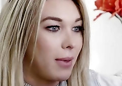 Blonde shemale sucks some hard cock like a real pro