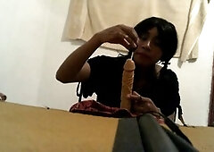 Joselynne the crossdresser sucks and licks my cum off my big dildo after using it