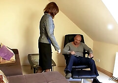 Skinny German wife in glasses seduces her husband in a passionate home scene
