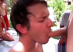 Gay orgy with student giving BJ in close-up