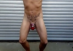 servenaked in peniscage pee outdoor and hot and horny fucks himself with different stuff