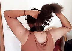 53 years old, lengthy hair, a small in number silver strands and five minutes where no thing happens except brushing. Filmed from behind, calm, no cut