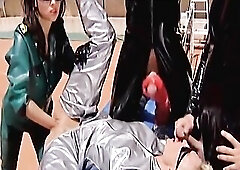 Sexually excited and hot brunette hair German strumpets in hawt leather outfits are sucking 2 big jocks and getting fisted and fucked right into an as