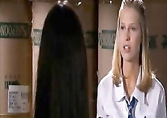 Jordana Brewster lesbo giving a kiss Sara Foster and then taking their tops off and continuing to kiss on a couch until they get interrupted.