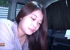 Young Japanese beauty in shimmering blue lingerie takes it deep in the backseat and exposes herself on the bed