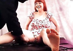 1080P - Our Agreeable Angel Next Door gets belted down to the Tickle Table in her cute, matching, cherry print shirt and pants. Her face is precious; 