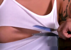 Handcuffed redhead slave banged