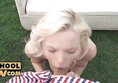 Tiny golden-haired Zazie Skymm needs raunchy release, this babe's here all alone from some other country. When u meet her in the garden u offer a