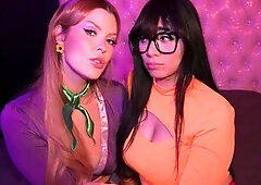 Busty babes team up to take on POV cock in playful threesome