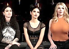 Two shemale mistresses have fun with slave girl