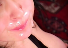 Dark haired amateur blowjob and handjob in fake taxi