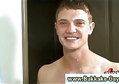 Twink gets bukkake from masturbating gays