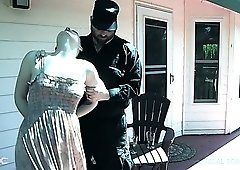 Fixed in a weird pose naked bitch Arielle Aquinas gets her twat teased with toys