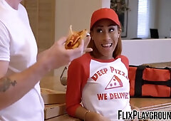 Kendall supplies the pizza and then she bites on the knob