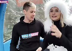 Blonde with small tits rides and oral pleasures on a public blue bus