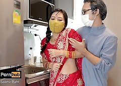 South Asian beauty in red saree takes him deep at home