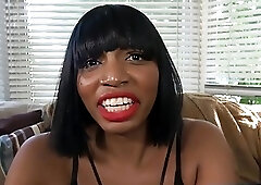 Lavish ebony shemale strips her sexy lingerie and jerks off