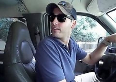 Bruno bangs pretty brunette in a van