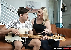 Beautiful sex on the brown sofa with a long-legged Sydney Paige