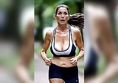 Aged runner Hotties Nipp Slide – Massive Saggy Melons Jiggling NO BRASSIERE Part 1 [AI]