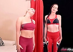 Lesbian double dildo, yoga pants, lesbian pussy licking