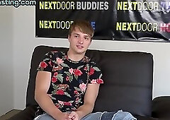 Casting stud jerks cock till cumshot after interview