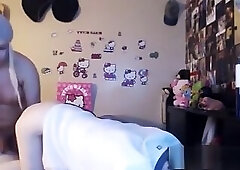 Busty blond shemale fucking a nerdy guy