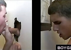 Straight guy shoots his load in gloryhole after gay blowjob