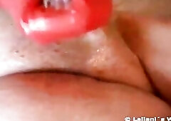 See this hawt brunette hair big beautiful woman hottie with large breasts giving this dude a creamy tugjob during the time that using red rubber glove