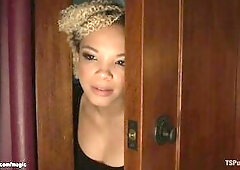 Transsexual camgirl Brenda Von Tease having live show when her black girlfriend Ashley Lovebug surprised her then TS banging her in slavery on livecam