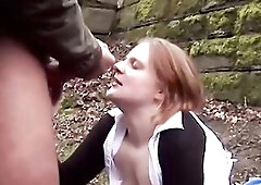 Cute Brunette hair Doesn't Mind Sucking and Banging in the Rain