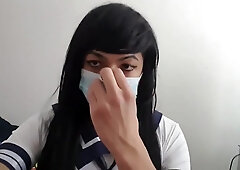 Student crossdresser frolicking with herself