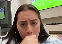 Jade Teen sucking bbc on while her bf watching ball game