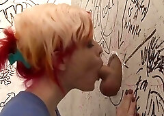 Girl sucks off tranny through glory hole then fucks her