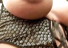 Buxom Tgirl strokes her boner with gloves on outdoors solo