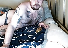 Chubby bear strokes his thick cock for the webcam