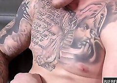 A solo kitchen masturbation scene of a handsome gay guy