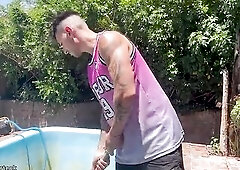 Her spouse hired me to clean the pool, and his wife started exercising right in front of me; this babe was a very hawt woman, and I couldn't resi