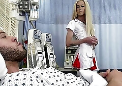 Blonde shemale Nurse Jenna Gargles slurps and fucks patients cock