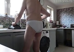 Preparing my food in my swimming trunks