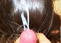I Jerked off with Shiny Lengthy Hair and Cummed on her Hair. Hair Job
