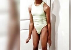 Cute Post-Op Trans Gymnast Awquitesy Dances actually Hawt in Leotard Bodysuit and plays with Boobies