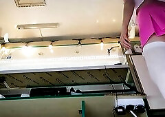 Hawt brunette hair hottie singing and dancing with exposed booty at work