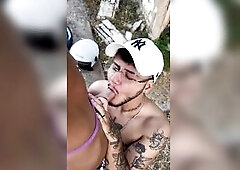 Youthful trans hotty has sex outdoors on the trail and on the beach.