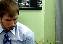 Curly brown haired gay fucking blonde gay Patrick is bent over the