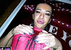 Spiderman cosplay with HOT Asian ladyboy who likes it anal raw