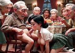 Elderly dinner turns explicit when an woman arrives to joy the guests (AI generated)